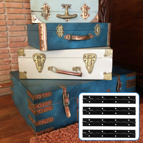 Sixteen Piece 8 Inch Piano Hinges Straight Up Heavy Duty Continuous Hardware In Rust Resistant Iron With Hella Durable Matte Black Coating For Cabinets And Doors stacked with antique styled blue and white trunks.