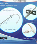 Replacement Oven Temperature Sensor W10181986 For Range with 15in 316L stainless steel probe, wider mounting, OEM connector.