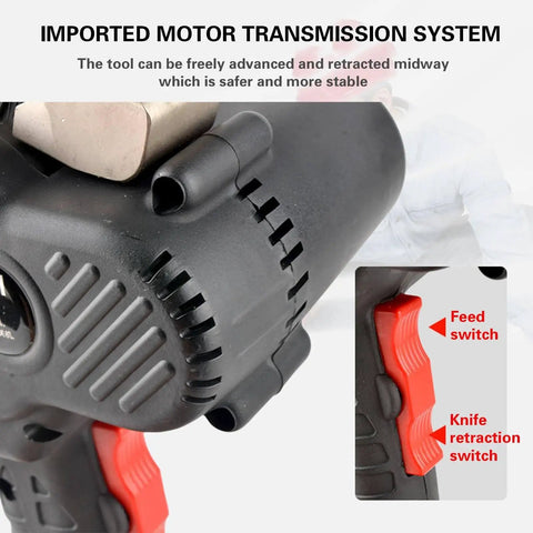 Portable Electric Ratchet Cable Cutter With Battery Hydraulic System For Copper And Aluminum Cables Pro Grade Wire Cutting Tool For Electrical Construction Lightweight Ergonomic EC65M showing control switches.