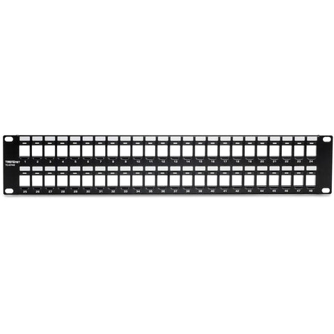 Top Shelf 48 Port Blank Keystone 2U Patch Panel, 19 Inch Metal Rackmount Housing, high density for network installations.