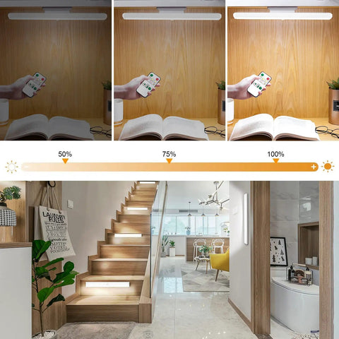 Rechargeable 90 LED Closet Lights With Motion Sensor And Remote Wireless Under Cabinet Night Lights Battery Powered Lighting For Cabinets And Wardrobes 3 Pack in use on stairs and wall.