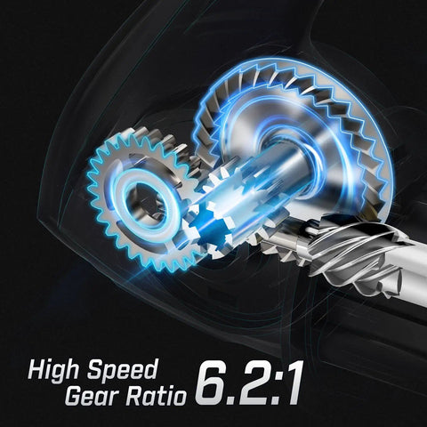 Close-up of gear system showing high speed 6.2:1 ratio in Ultra Light Carbon X II Spinning Reel Upgrade For Freshwater And Saltwater
