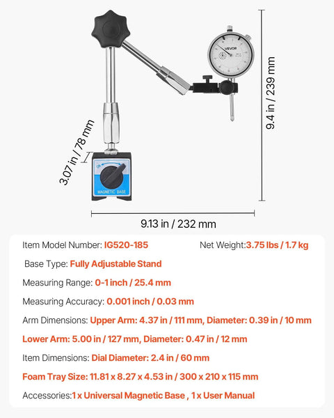Dial Test Indicator With Magnetic Flexible Base Stand For Precision Machining, 0.001 Inch Accuracy, 0-1 Inch Range, labeled dimensions.