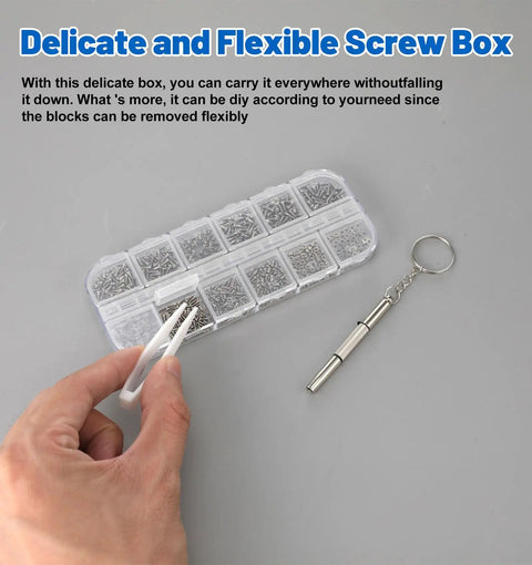 Stainless Steel Glasses Screws And Sunglasses Repair Kit 600 Piece Set with flexible screw box and tweezers for repairs.