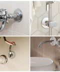 Various shower and sink plumbing fixtures with sleek chrome finishes, including shower arm and diverters for bathroom updates.