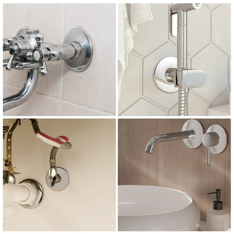 Various shower and sink plumbing fixtures with sleek chrome finishes, including shower arm and diverters for bathroom updates.