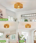Boho Rattan Ceiling Light Fixture Hand Woven Cage Shade Semi Flush Mount Farmhouse Style Close To Ceiling Lamp For Bedroom Kitchen Hallway