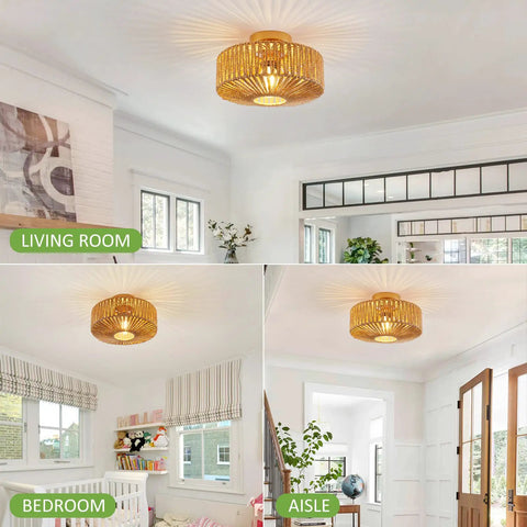 Boho Rattan Ceiling Light Fixture Hand Woven Cage Shade Semi Flush Mount Farmhouse Style Close To Ceiling Lamp For Bedroom Kitchen Hallway