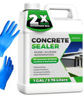 Rock Solid Hella Durable One Gallon Water Based Concrete Sealer Featuring Zero Voc Silane Siloxane Penetrating Topcoat with gloves.
