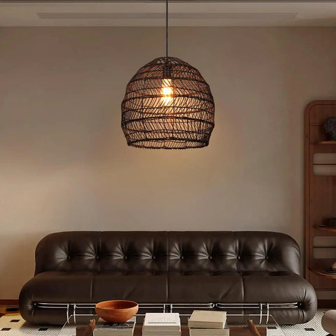 One Light Rattan Woven Pendant Lamp In Black Finish Handmade Hanging Lampshade For Kitchen Island Bedroom Dining Room Restaurant Cafe Or Bar Eco Friendly Natural Rattan Durable Artwork That Sets A Cozy Modern Vibe above a brown sofa