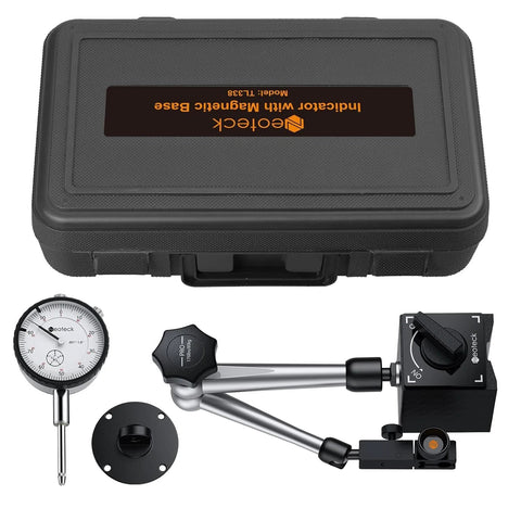 Neoteck 0-1 inch dial indicator set with magnetic base, mounting hardware, silver components, storage case