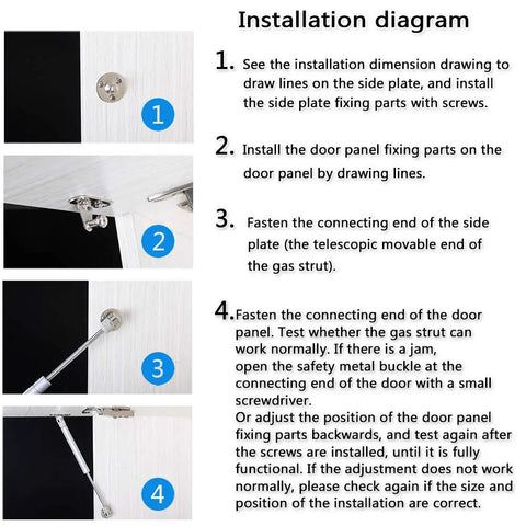 Installation diagram for 2 Pack Heavy Duty Gas Struts Rock Solid Soft Close Lift Supports with steps and visuals for proper setup.