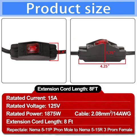Tough As Nails 8Ft Outdoor Extension Cord With Waterproof Inline Switch 15Amp 14Awg Power Cable with size details and specifications