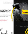 Air Hose Reel With Retractable Auto Rewind 3/8 Inch By 50 Foot Hybrid Polymer Hose Built Tough And Ready For 300 PSI Enclosed Polypropylene Construction Heavy Duty Commercial Reel With 1/4 Inch NPT Inlet And 36 Inch Lead In Hose, shown with yellow hose and polypropylene case.