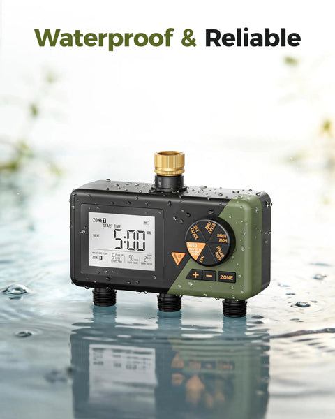 Three Zone Brass Sprinkler Timer For Lawn And Garden with waterproof design and digital display, showing 5:00 AM start time.