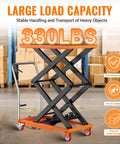 Hydraulic lift table cart, Amazon brand, orange platform with black scissor arms and locking wheels