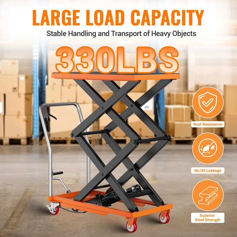 Hydraulic lift table cart, Amazon brand, orange platform with black scissor arms and locking wheels