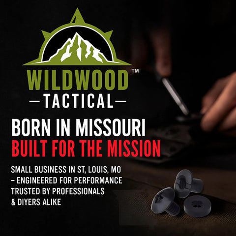 Black 1/4 Inch Chicago Screw Kit With Phillips Truss Heads And Open Slotted Posts Plus Rubber Spacers For DIY Kydex And Leather Gun Holster And Tactical Sheath Fabrication Builds Built Tough And Ready To Roll, showcased with tools and crafting gear.
