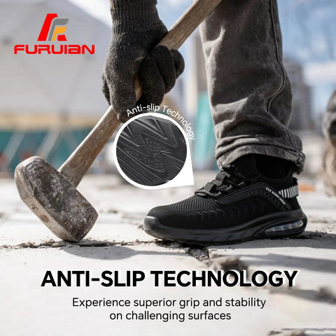 Person wearing Lightweight Steel Toe Shoes For Men And Women With Air Cushion Comfort, Slip Resistant Work Sneakers on a construction site.