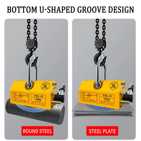 Tough As Nails Permanent Magnetic Lifter With Safety Tilt Release Slide And Ergonomic Non Slip Handle Robust Quick Lock System Heavy Duty Shop Crane Hoist for lifting round steel and steel plates.