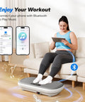 Vibration Plate Exercise Machine With Bluetooth, 440 Lbs Capacity, Silicone Pedals, woman using device for lymphatic drainage.