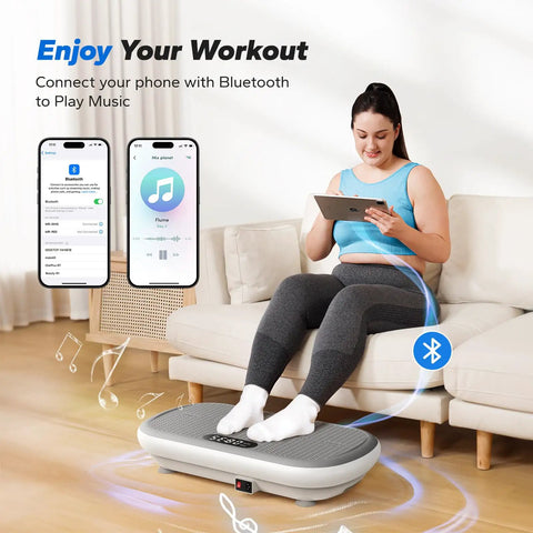 Vibration Plate Exercise Machine With Bluetooth, 440 Lbs Capacity, Silicone Pedals, woman using device for lymphatic drainage.