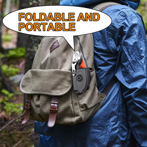 Kickass Tough As Nails 6-In-1 Foldable Trauma Shears With Strap Cutter And Glass Breaker For Emergency And Outdoor Camping Survival Gear With Ruler Oxygen Wrench and Secure Holster in orange and black attached to a backpack.