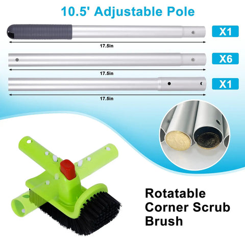 Ultimate Pool Cleaning Kit With 10.5 Foot Pole For Easy Debris Removal Includes Heavy Duty 17.5 Inch Round Net Brush Rotatable Scrub Brush And Corner Cleaning Accessory For Quick Pool Maintenance, 10.5 ft adjustable pole