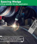 Three Pack Four Inch Welding Wedge Set For Pipe Fitting And Metalwork in use, showing precision gap adjustment during welding on a pipe.