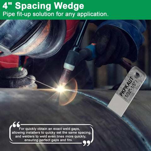 Three Pack Four Inch Welding Wedge Set For Pipe Fitting And Metalwork in use, showing precision gap adjustment during welding on a pipe.