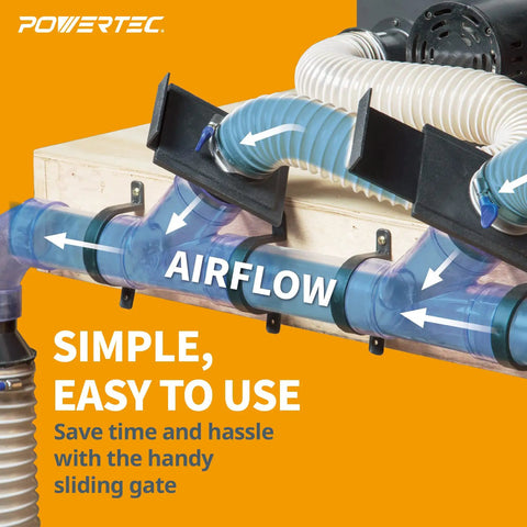 Two And A Half Inch Blast Gate For Dust Collection System With Two And A Half Inch Hose And Port Compatibility Durable Woodworking Dust Fittings For Your Shop Airflow Control And Quick System Shutdown installed on a dust collection system showing airflow direction