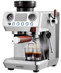 Badass 20 Bar Espresso Machine With Built In Anti Static Grinder And 45 Precision Grind Settings Silver Countertop Brewer brewing espresso shots.