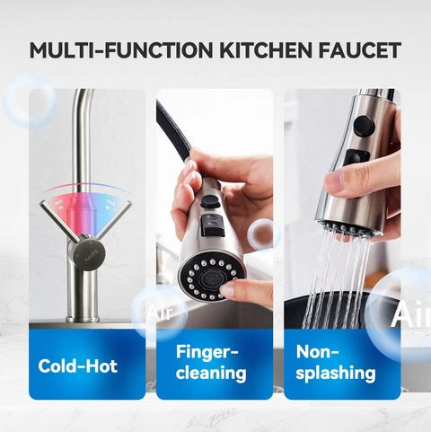 Top Shelf High Arc Pull Down Kitchen Faucet Delivering Three Quick Adjust Spray Patterns In Rust Resistant Brushed Nickel with hot-cold selector.