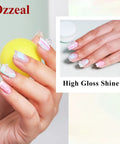 Pastel Gel Nail Polish Set With Glitter Flakes, 6 Macaron Colors In 8ml Bottles on nails, holding a yellow ball, high gloss shine.