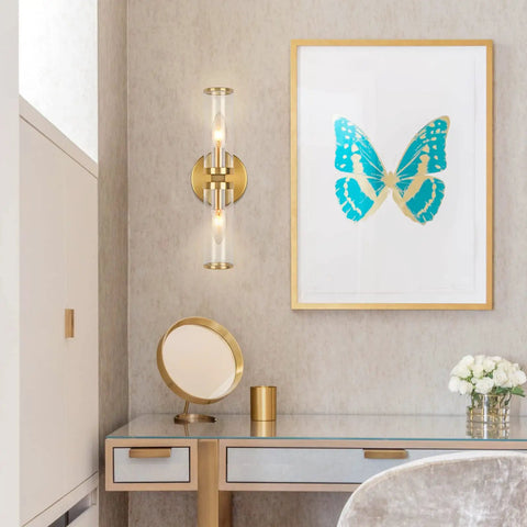 Gold Wall Sconce Lights Two Pack With Candle Shaped Glass Shades Brushed Brass Mid Century Vanity Wall Lamps For Mirror Bedroom Living Room Hallway And Bathroom Decor With Electroplated Gold Finish And Two Light Fixtures For A Lit Modern Home Vibe