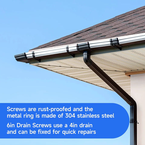 Side view of roof gutter system using 6 Inch Gutter Screws for 4 Inch Gutters Repair Kit with Rust Resistant Coated Finish.