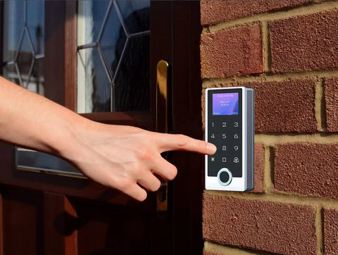 Lock Down Your Spot With This Solid Door Access Control Kit Featuring Heavy Duty 600 Lb Electromagnetic Lock Ip68 Rated Waterproof Fingerprint Keypad Lcd Screen And Remote, user accessing keypad.