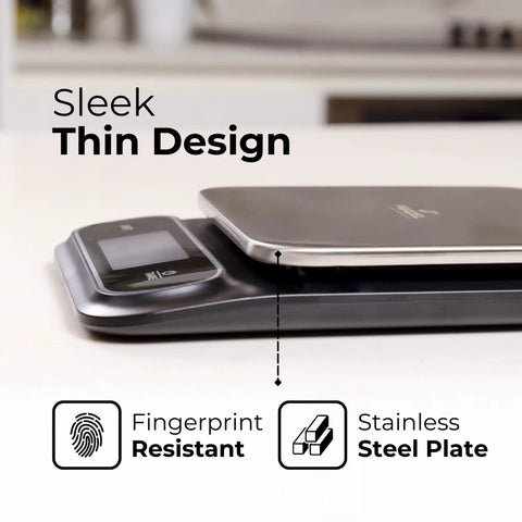 Side view of Beast Mode Precise Waterproof Digital Kitchen Scale with 0.1g accuracy, 11lb capacity, showcasing thin design.