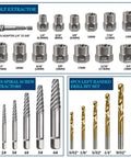 26 Piece Impact Bolt And Spiral Screw Extractor Set With Left Hand Reverse Drill Bits, hex adapter, SAE and metric sizes.