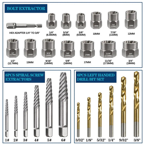 26 Piece Impact Bolt And Spiral Screw Extractor Set With Left Hand Reverse Drill Bits, hex adapter, SAE and metric sizes.