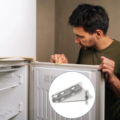 Man inspecting fridge with insert showing Stainless Steel Freezer Door Hinges Replacement Center Column Hinge Left Shaft 1.46 Inch Distance installed.