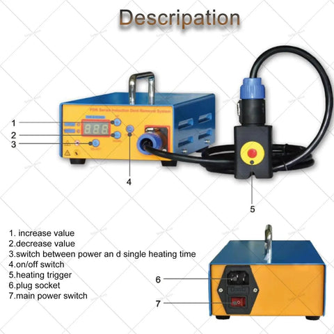DIY Car Dent Repair Kit With Digital Display Power For Quick Dent Fix Paintless Dent Removal Tool Auto Body Dent Puller For Minor And Deep Dents Induction Heating Technology No Flame Car Repair showing control panel and cord attachments.