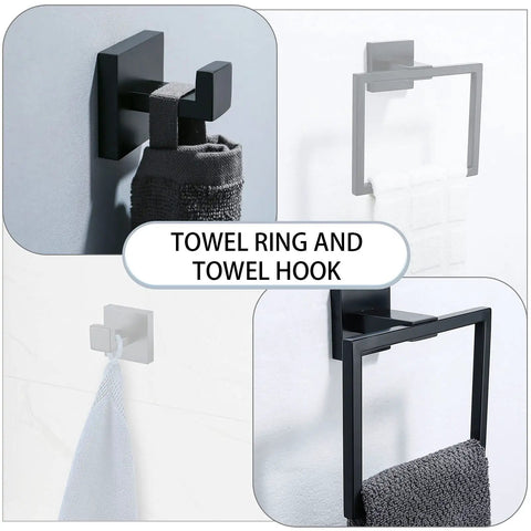 Matte Black Stainless Steel 4 Piece Bathroom Set Dope Finish Towel Bar Towel Rack Towel Holder And Toilet Paper Holder 23.6 Inch Rustproof SUS304 Bath Hardware For Modern Homes showing towel ring and hook details.
