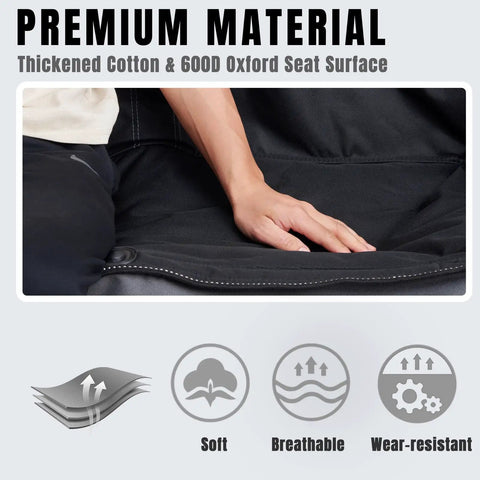Close-up of thickened cotton and 600D Oxford seat surface of outdoor folding double camping chair for two people with 600 lbs heavy duty capacity loveseat style and two cup holders portable carry bag included for camping lawn backyard movie nights chill hangouts.
