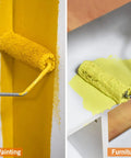 Pro Grade 20 Piece Paint Roller Set With Adjustable Frame And Extension Pole used for cutting in yellow paint on wall and furniture.