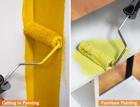 Pro Grade 20 Piece Paint Roller Set With Adjustable Frame And Extension Pole used for cutting in yellow paint on wall and furniture.