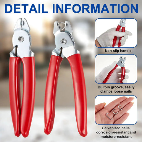 Hog Ring Pliers Kit With 300 Galvanized Rings, Pro Grade Straight And 45 Degree Bent Pliers, red pliers, non-slip handles.