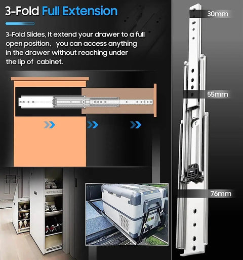 Rock Solid Side Mount Ball Bearing Drawer Slides Heavy Duty Full Extension 58 Inch Industrial Rail Set shown fully extended for easy access.