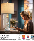 Woman using Farmhouse Table Lamps Set Of 2 With 3 Way Dimming, Vintage Bedside Lamps In White Finish With USB A And C Ports