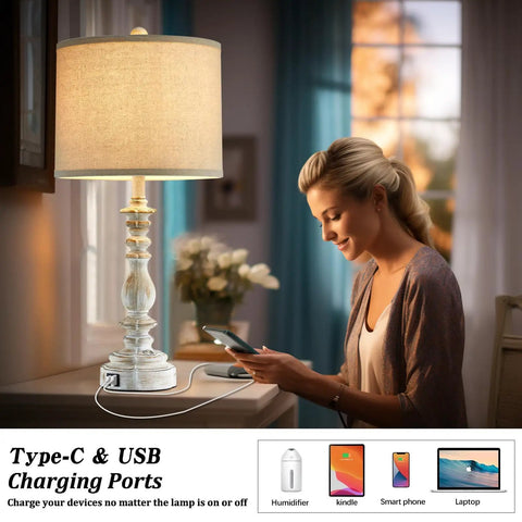 Woman using Farmhouse Table Lamps Set Of 2 With 3 Way Dimming, Vintage Bedside Lamps In White Finish With USB A And C Ports